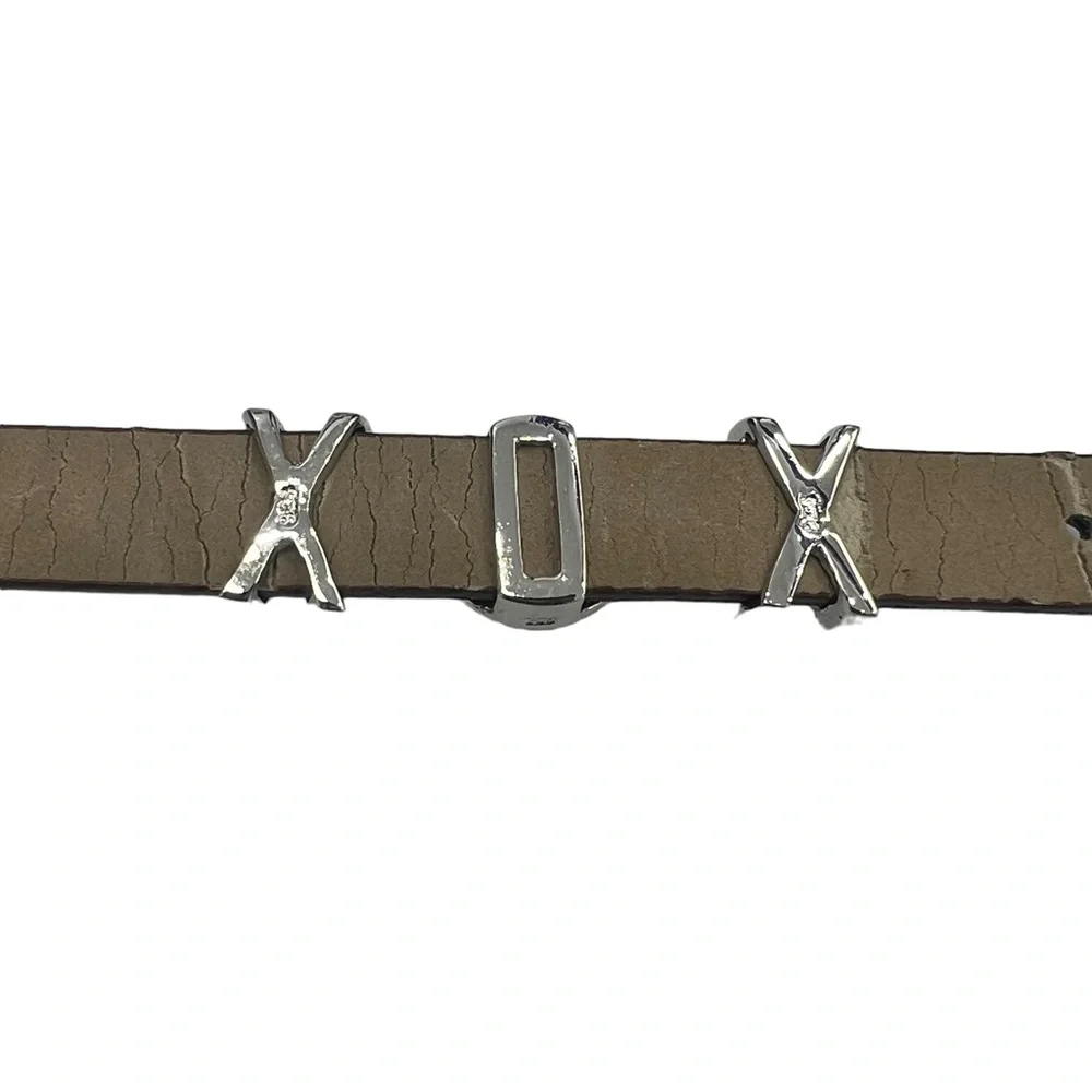 STERLING & CRYSTAL “XOX” SLIDERS ON BROWN BUCKLE BRACELET